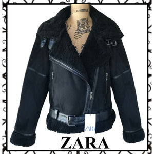 Zara Black Faux Suede Biker Moto Double Faced Jacket Size XL